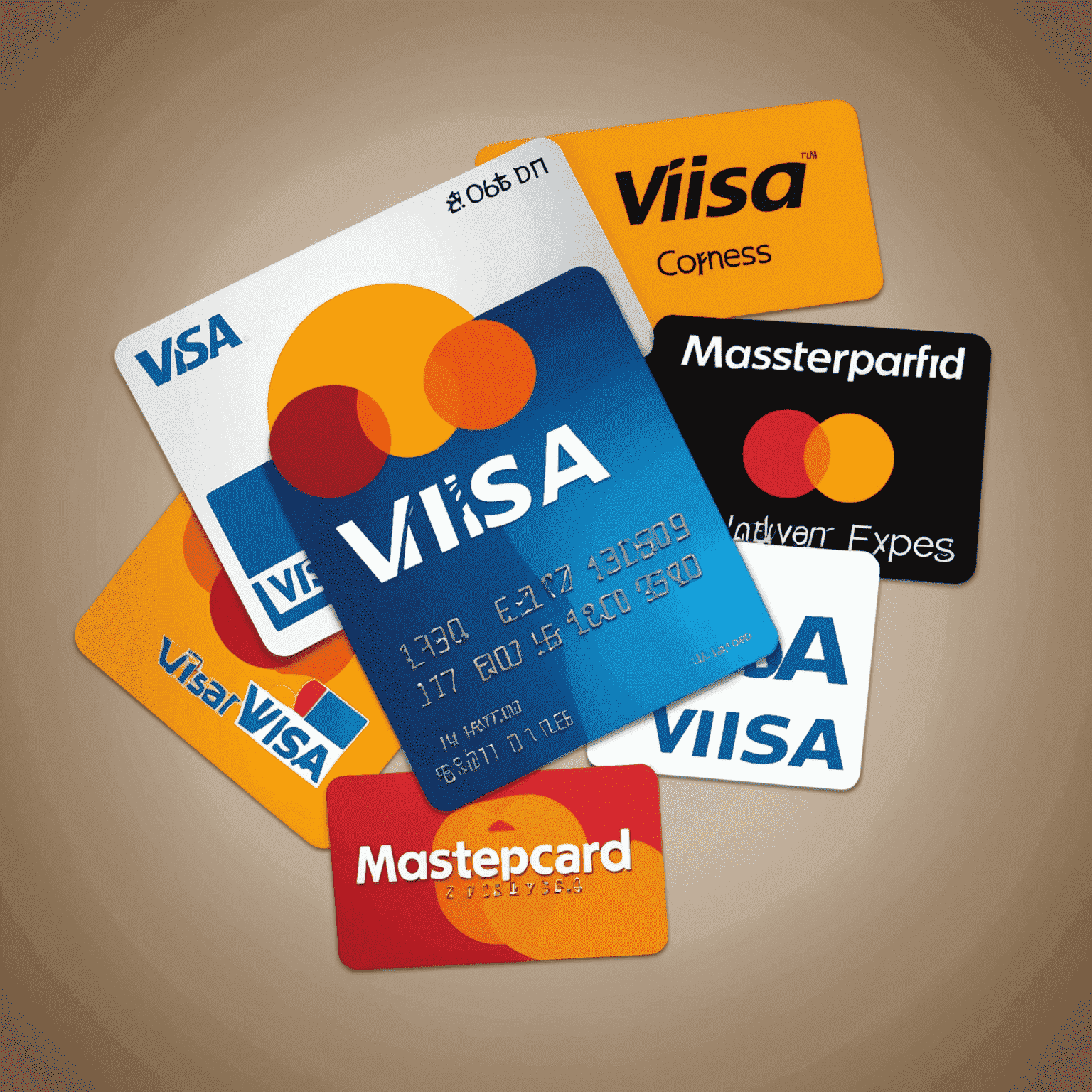 Various credit card logos including Visa, MasterCard, and American Express