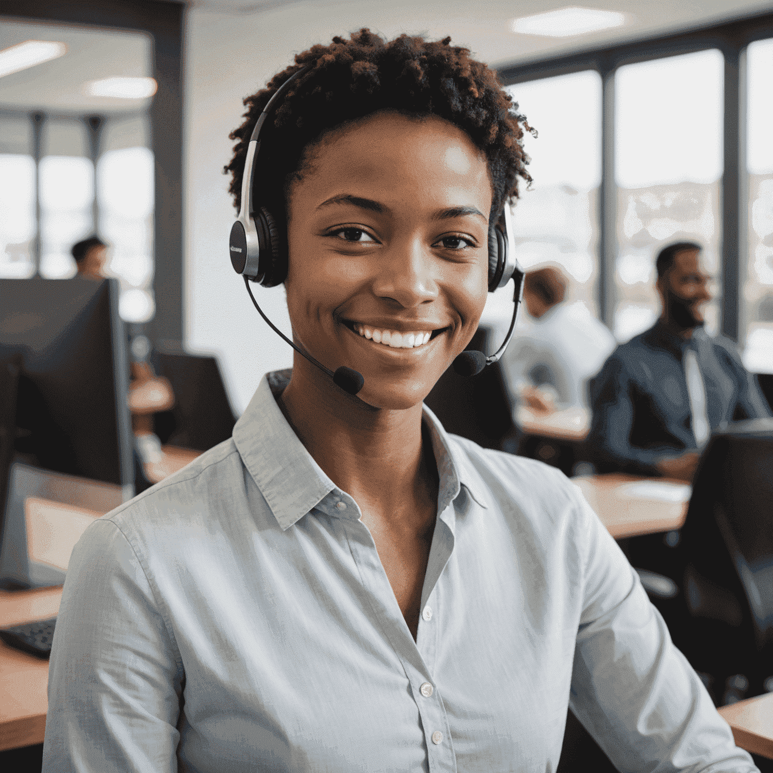 Customer support representative smiling and wearing a headset, ready to assist with mobile recharge inquiries