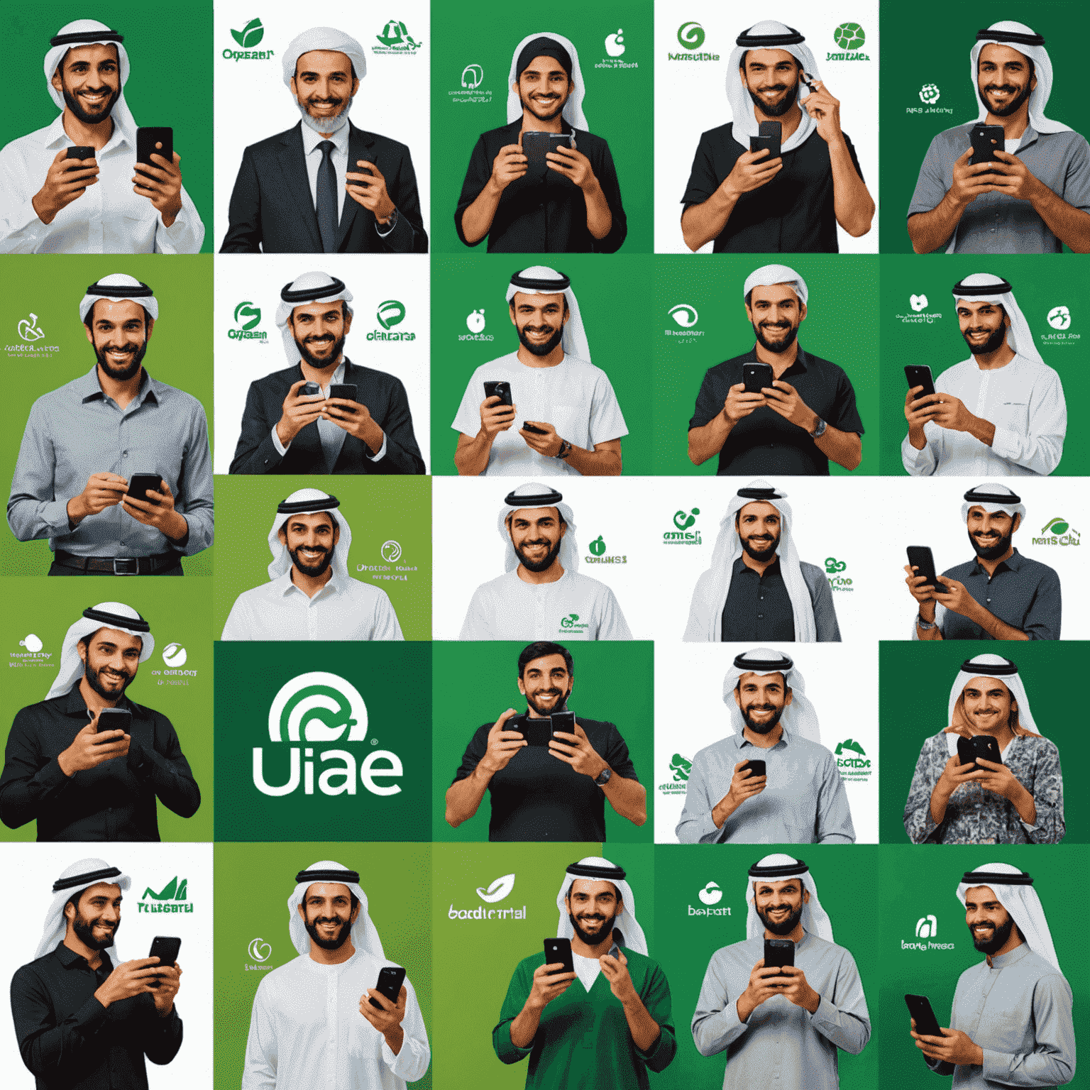 A collage of UAE mobile operator logos and happy customers using their phones, representing the wide range of supported operators and satisfied users of Green Mob.