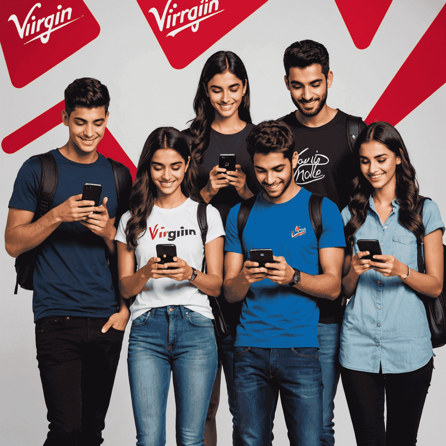 Virgin Mobile UAE promotion showing a group of young people using smartphones with the Virgin logo