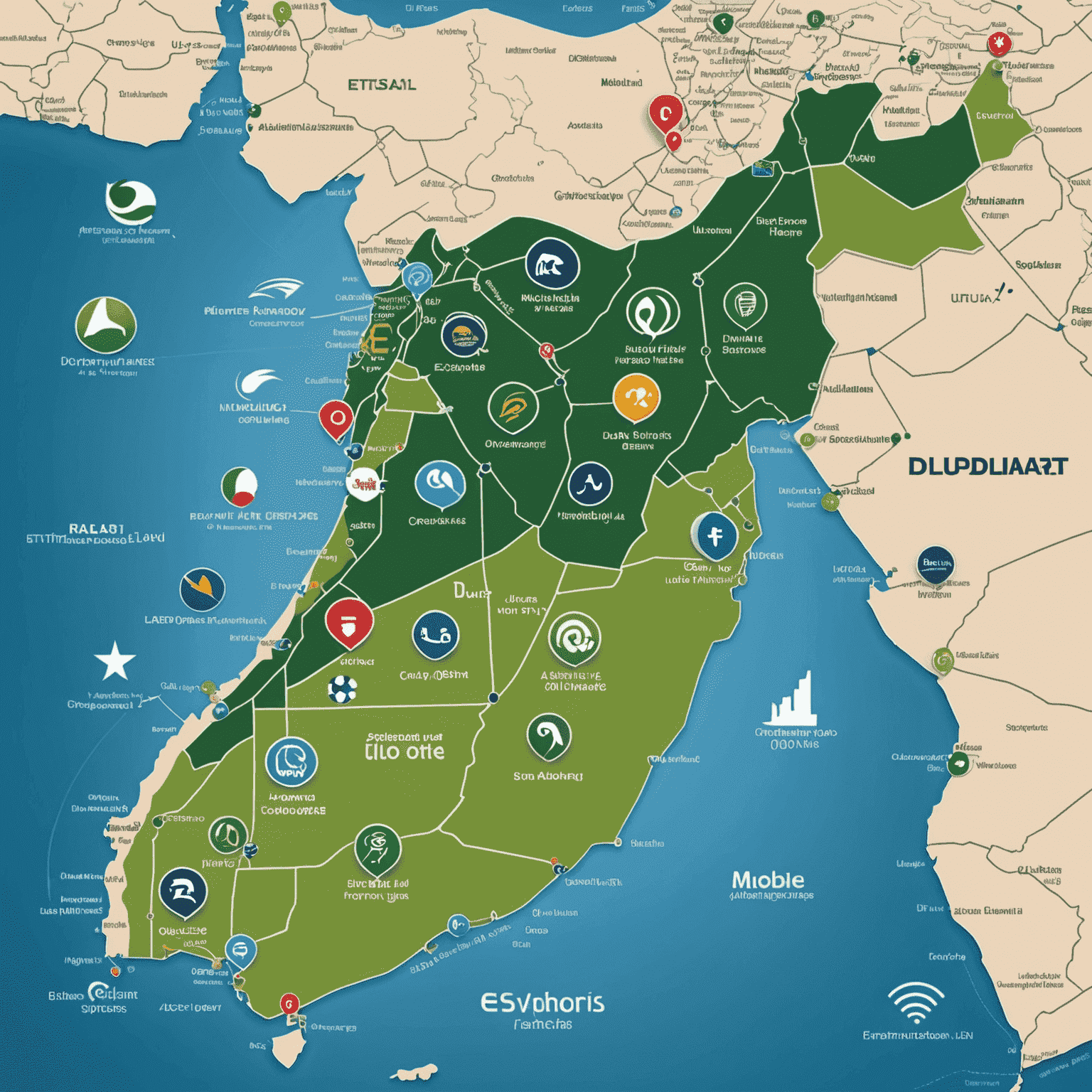 A map of the UAE with logos of major mobile operators like Etisalat and du overlaid, indicating the comprehensive coverage of mobile recharge services across the country.