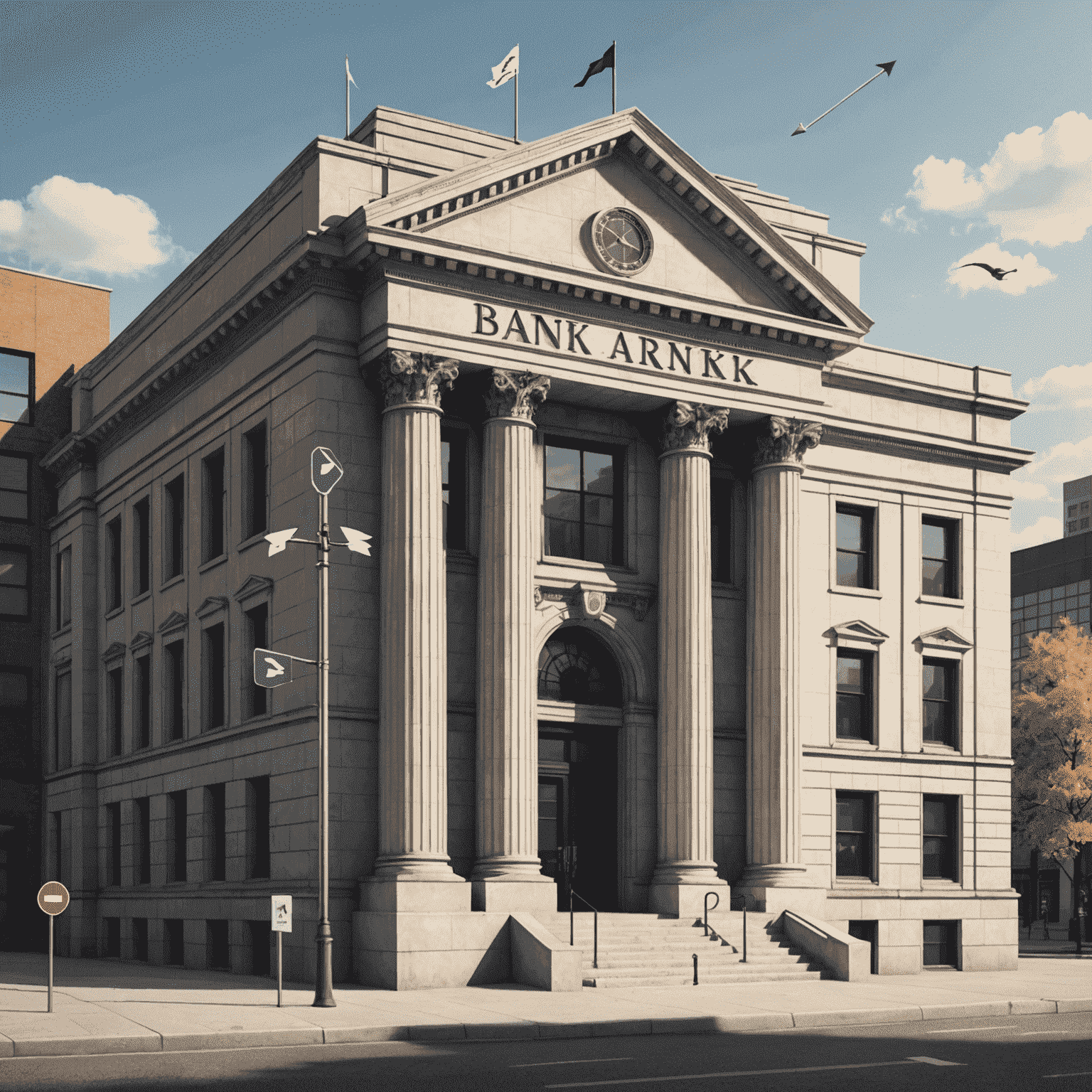 Illustration of a bank building and transfer arrows