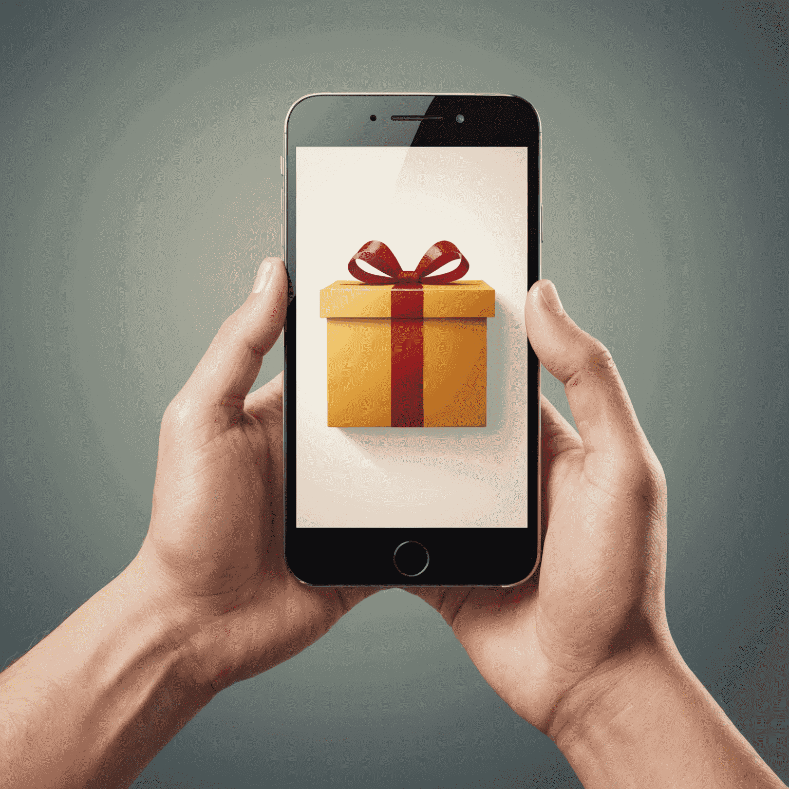 A hand holding a smartphone with a gift box icon on the screen