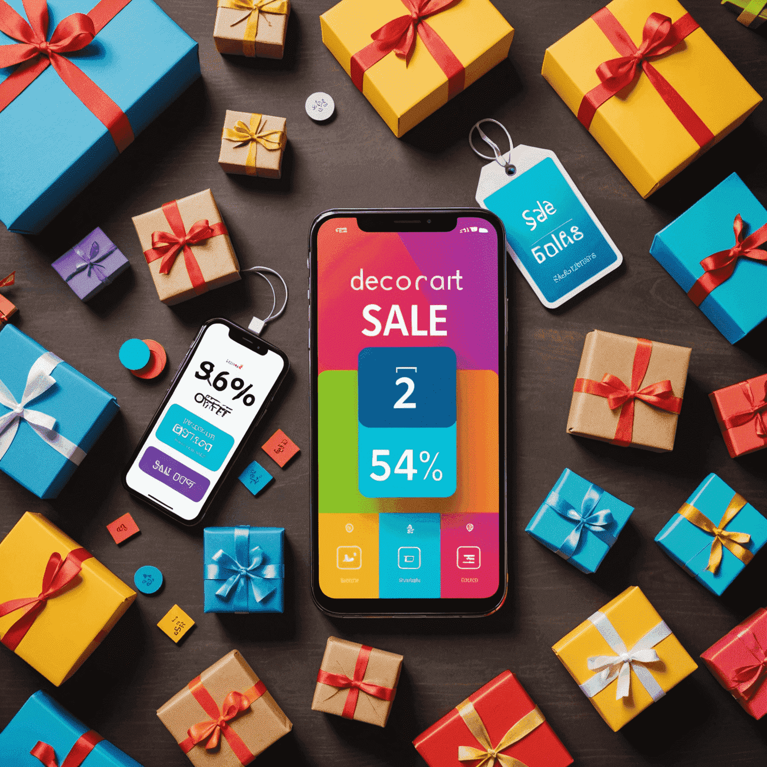 A colorful display of discount tags and gift boxes, representing special offers and promotions for mobile balance recharges. A smartphone screen shows a 'Sale' notification.