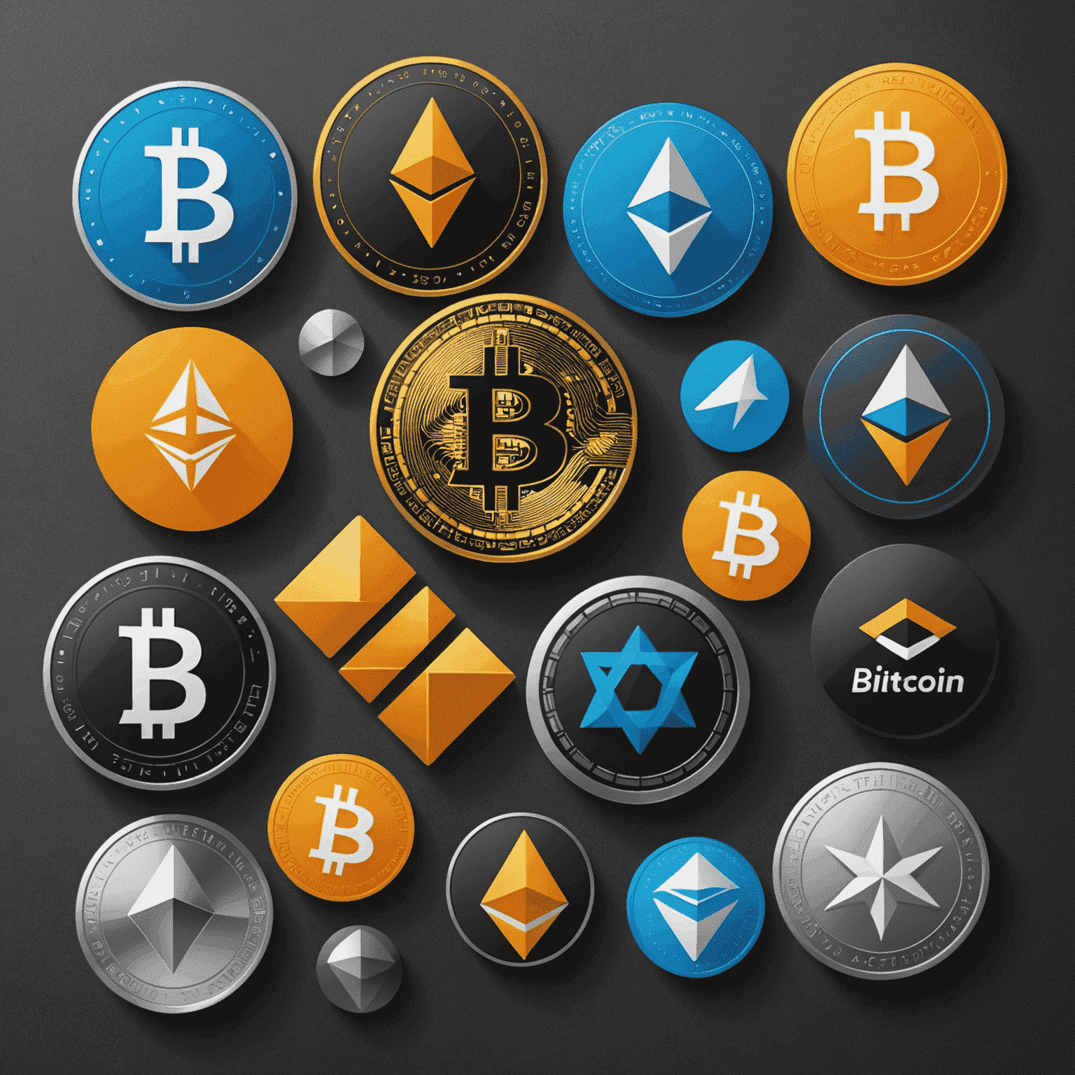 Icons of popular cryptocurrencies like Bitcoin and Ethereum