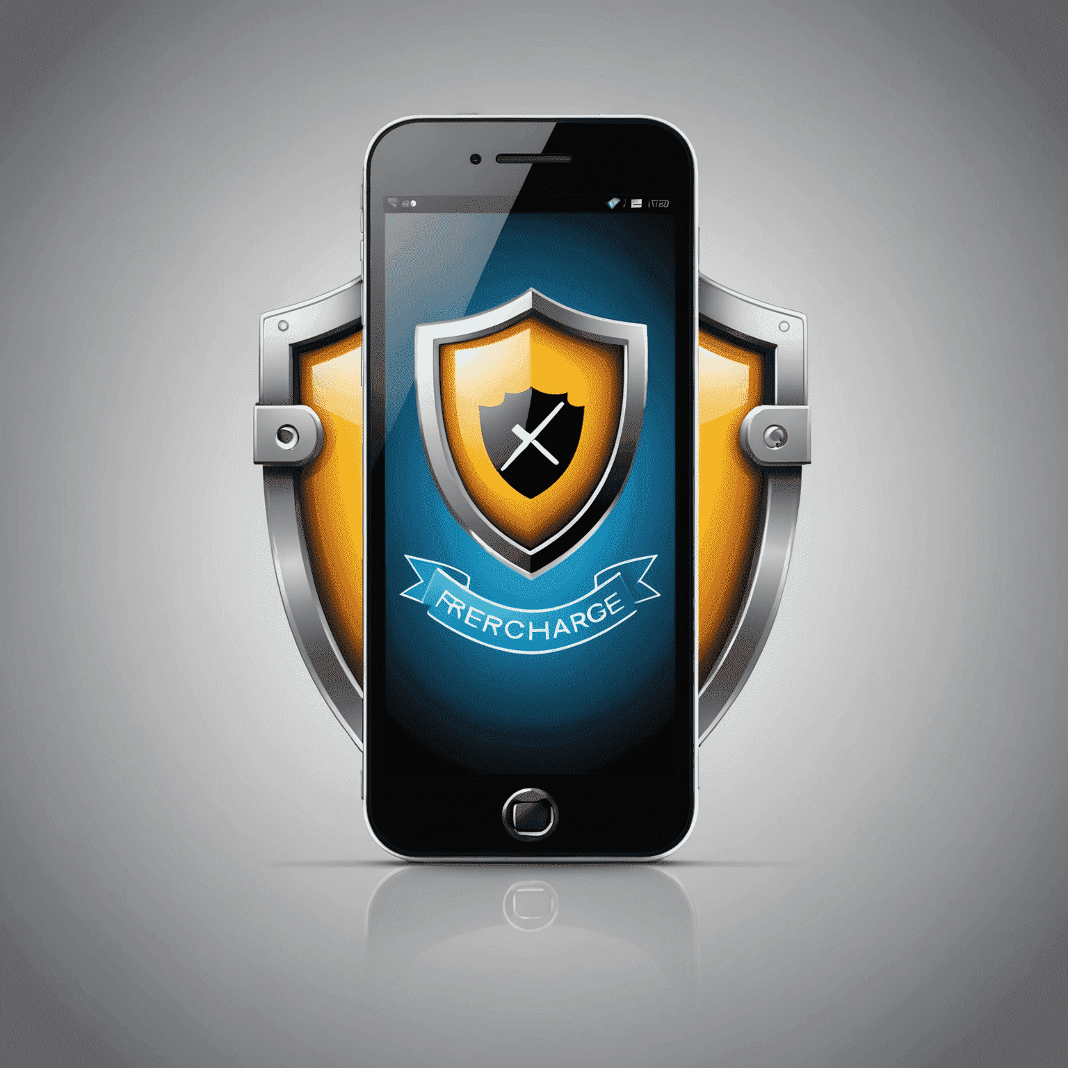 Illustration of a secure mobile phone with a shield, representing online recharge security