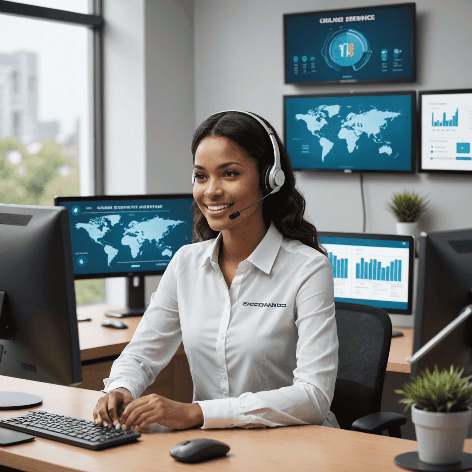 A friendly customer service representative wearing a headset, sitting at a desk with multiple screens displaying customer information and recharge details, symbolizing dedicated support for online recharge services.